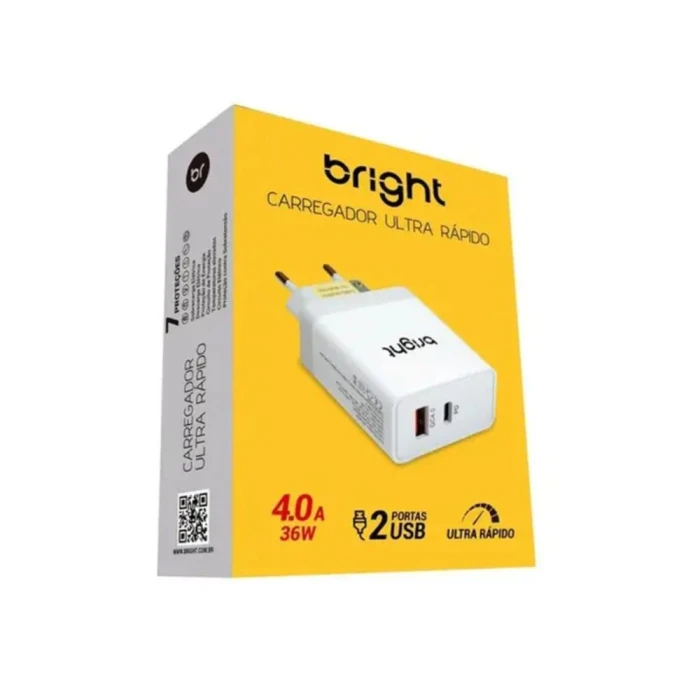 Carregador Ultra Rápido 4A 36W Usb E Tipo-C Bright Novo Carregador Ultra Rápido 4A 36W Usb E Tipo-C Bright Novo