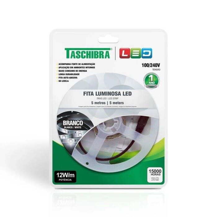 Fita De Led 12W 60 5M 12V Com Fonte Autovolt Taschibra