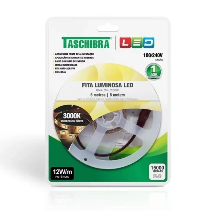 Fita De Led 12W/m 60 Leds/M 5 Metros 12V 3000K Com Fonte Fita De Led 12W/m 60 Leds/M 5 Metros 12V 3000K Com Fonte