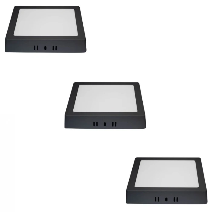 kit 3 Painel Led De Sobrepor Quadrado 12W 4100K Preto