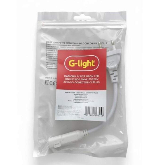 Rabicho Branco para Fita Neon LED 6mm 127/220V 20cm