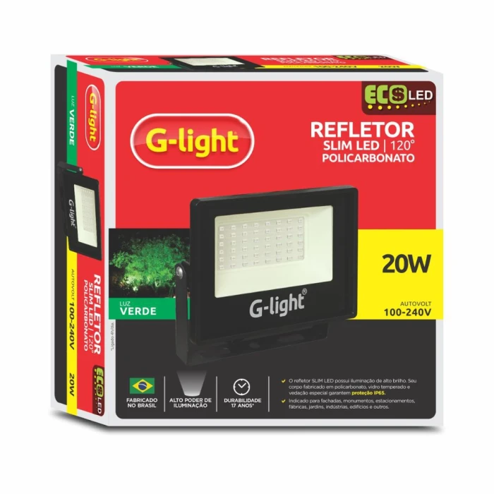 Refletor Slim Ecoled 20W Luz Verde Autovolt Glight Bivolt